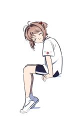 Rule 34 | 1girl, brown hair, cardcaptor sakura, closed eyes, closed mouth, happy, highres, invisible chair, kinomoto sakura, nnn-ollll, shadow, shorts, simple background, sitting, smile, solo, sportswear, white background, white footwear