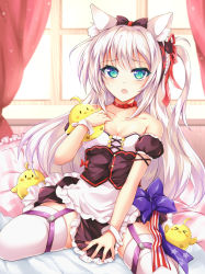Rule 34 | 1girl, :o, ahoge, american flag, american flag print, animal ears, apron, azur lane, bare shoulders, bed sheet, between legs, bird, black bow, black dress, blue bow, blurry, blurry background, blush, bow, breasts, cat ears, cat girl, chick, cleavage, collarbone, commentary request, curtains, day, depth of field, detached sleeves, dress, flag print, flower, frilled apron, frilled dress, frilled pillow, frills, garter straps, green eyes, hair bow, hair ribbon, hammann (azur lane), hand between legs, highres, long hair, looking at viewer, medium breasts, open mouth, pillow, puffy short sleeves, puffy sleeves, red ribbon, remodel (azur lane), ribbon, short sleeves, sidelocks, silver hair, sitting, solo, sunflower, thighhighs, tokonaru, very long hair, waist apron, wariza, white apron, white thighhighs, window, wrist cuffs