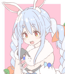 Rule 34 | 1girl, :3, :d, animal ear fluff, animal ears, black gloves, blue hair, blush, blush stickers, border, carrot hair ornament, detached sleeves, don-chan (usada pekora), extra ears, food-themed hair ornament, fur-lined gloves, gloves, hair ornament, hololive, houshou marine (artist), long hair, looking at another, looking down, multicolored hair, open mouth, orange eyes, outside border, pink background, poking, puffy detached sleeves, puffy sleeves, rabbit ears, rabbit girl, short eyebrows, sidelocks, simple background, smile, symbol in eye, teeth, thick eyebrows, two-tone hair, upper body, upper teeth only, usada pekora, usada pekora (1st costume), virtual youtuber, white hair, | |