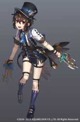 Rule 34 | :d, androgynous, black footwear, black hat, blue neckwear, blue socks, brown hair, character request, claw (weapon), doll joints, full body, gender request, grey background, grimms notes, hat, holding, holding weapon, joints, looking at viewer, official art, open mouth, purple eyes, sacanahen, shoes, short hair, short sleeves, smile, socks, solo, standing, standing on one leg, thigh strap, top hat, watermark, weapon