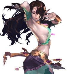 Rule 34 | 1girl, arm up, armpits, artist request, brown hair, chaos online, hair over one eye, lips, long hair, midriff, official art, parted lips, pointy ears, silk (chaos online), solo, transparent background