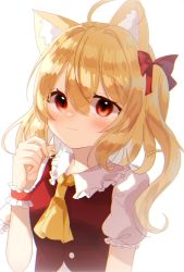 Rule 34 | 1girl, animal ears, ascot, blonde hair, blush, bow, breasts, buttons, cat ears, closed mouth, collar, collared shirt, eyes visible through hair, flandre scarlet, hair between eyes, hair bow, hand up, highres, light, looking at viewer, medium breasts, no headwear, no wings, one side up, puffy short sleeves, puffy sleeves, red bow, red eyes, red vest, shirt, short hair, short sleeves, simple background, smile, solo, touhou, tsuyuji shigure, vest, white background, white shirt, wrist cuffs, yellow ascot