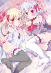 Rule 34 | 2girls, alternate costume, areola slip, bare shoulders, bat wings, between breasts, blonde hair, blue hair, blush, blush stickers, breasts, bridal gauntlets, choker, fang, feet, flandre scarlet, gauntlets, hand on own hip, hand on own chest, light smile, looking at viewer, lying, medium breasts, multiple girls, nagii yuki, necktie, necktie between breasts, red eyes, remilia scarlet, ribbon, ribbon-trimmed legwear, ribbon choker, ribbon trim, short hair, side ponytail, small breasts, soulhunter en, thighhighs, touhou, wings