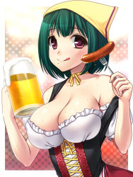 Rule 34 | 1girl, :p, alcohol, bad id, bad pixiv id, bare shoulders, beer, beer mug, blush, breasts, cleavage, corset, cup, dirndl, food, fork, german clothes, green hair, head scarf, idolmaster, idolmaster (classic), large breasts, mole, mole under mouth, mug, off shoulder, oktoberfest, otonashi kotori, red eyes, sausage, short hair, smile, solo, tongue, tongue out, totokichi, traditional clothes, underbust