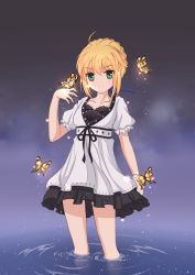 Rule 34 | 1girl, ahoge, alternate costume, artoria pendragon (all), artoria pendragon (fate), bad id, bad pixiv id, blonde hair, bug, butterfly, dress, fate/stay night, fate (series), green eyes, hair ribbon, highres, insect, ribbon, saber (fate), sevendayswar