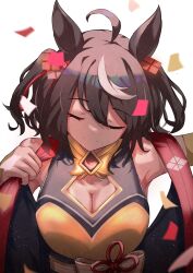 Rule 34 | 1girl, absurdres, ahoge, animal ears, bare shoulders, black hair, bob cut, breasts, cleavage cutout, closed eyes, clothing cutout, commentary request, detached sleeves, flower ornament, hair ribbon, highres, horse ears, horse girl, kitasan black (umamusume), large breasts, multicolored hair, red eyes, red ribbon, ribbon, sanami (sanami t 38), short hair, solo, streaked hair, two-tone hair, umamusume, upper body, white hair