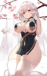 Rule 34 | 1girl, azur lane, bare shoulders, blush, braid, breast curtains, breasts, cherry blossoms, china dress, chinese clothes, covered navel, dress, garter straps, gloves, half gloves, highres, kneeling, large breasts, looking at viewer, open mouth, pelvic curtain, red eyes, revealing clothes, seon (seonon ), short dress, short hair, sirius (azur lane), sirius (azure horizons) (azur lane), thighhighs, thighs, white gloves, white hair, white thighhighs