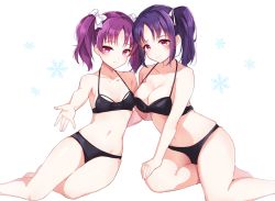 Rule 34 | 10s, 2girls, arm around back, bad id, bad twitter id, bikini, black bikini, bow, breasts, cleavage, commentary, goroo (eneosu), hair ribbon, hand on own knee, highres, kazuno leah, kazuno sarah, large breasts, looking at viewer, love live!, love live! sunshine!!, multiple girls, navel, outstretched arm, parted bangs, purple eyes, purple hair, ribbon, saint snow, siblings, side ponytail, simple background, sisters, sitting, small breasts, smile, snowflake print, swimsuit, twintails, two side up, white background, yokozuwari