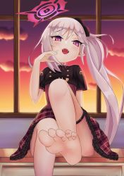 Rule 34 | 1girl, absurdres, barefoot, blue archive, blush, desk, feet, halo, highres, long hair, looking at viewer, mutsuki (blue archive), open mouth, pointy ears, purple eyes, side ponytail, silver hair, sitting, soles, sunset, toes, window