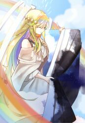 Rule 34 | 1girl, bare shoulders, chromatic aberration, closed eyes, cloud, dated, dress, duel monster, highres, holding painting, index finger raised, long hair, long sleeves, multicolored hair, painting (object), pointy ears, rainbow, rainbow hair, seatail, signature, sitting, solo, the weather painter rainbow, yu-gi-oh!