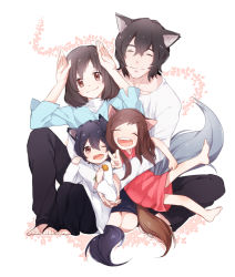 Rule 34 | 2boys, 2girls, age difference, ame (ookami kodomo), animal ears, black hair, brown eyes, brown hair, closed eyes, family, father and daughter, father and son, hana (ookami kodomo), juugonichi (wheeliex2), long hair, mother and daughter, mother and son, multiple boys, multiple girls, ookami kodomo no ame to yuki, ookami otoko, short hair, smile, tail, v, wolf ears, wolf tail, yuki (ookami kodomo)