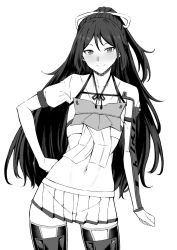 Rule 34 | 1girl, blush, closed mouth, cowboy shot, crop top, greyscale, hair between eyes, hair ribbon, hand on own hip, highres, kantai collection, katsuragi (kancolle), long hair, looking at viewer, midriff, monochrome, navel, pleated skirt, ponytail, ribbon, short sleeves, simple background, skirt, smile, solo, takaman (gaffe), thighhighs, white background