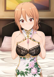 Rule 34 | 1girl, bed, between breasts, black bra, bra, breasts, cleavage, closed mouth, covered collarbone, dress, floral print, hair between eyes, hands up, indoors, inoshira, large breasts, light smile, looking at viewer, mature female, orange hair, painting (object), panties, pillow, red eyes, side-tie panties, sleeveless, sleeveless dress, solo, twitter username, underwear, upper body, white dress, yahari ore no seishun lovecome wa machigatteiru., yuigahama yui&#039;s mother