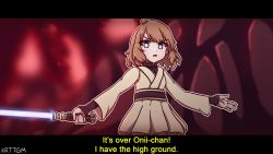Rule 34 | 1girl, blue eyes, brown hair, cosplay, energy sword, english text, fake screenshot, high ground (meme), highres, holding, holding weapon, idolmaster, idolmaster million live!, kurotategami, letterboxed, lightsaber, meme, obi-wan kenobi, obi-wan kenobi (cosplay), parody, robe, scene reference, short hair, solo, star wars, star wars: revenge of the sith, subtitled, suou momoko, sword, weapon
