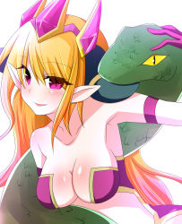 Rule 34 | 1girl, animal, armlet, armpits, blonde hair, blush, breasts, cleavage, collarbone, demon girl, demon horns, highres, horns, jewelry, large breasts, lilith (p&amp;d), long hair, long pointy ears, looking at viewer, maccha (matcha69), matcha69, midriff, open mouth, pink eyes, pointy ears, puzzle &amp; dragons, scales, shiny skin, simple background, smile, snake, solo, tiara, white background