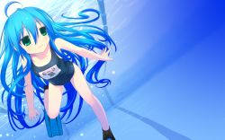 Rule 34 | ahoge, aqua eyes, blue hair, flippers, highres, izumi konata, long hair, lucky star, one-piece swimsuit, pool, school swimsuit, solo, swimming, swimsuit, third-party edit, underwater