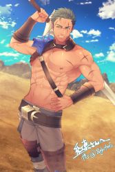 Rule 34 | 1boy, cloud, cloudy sky, commission, dieck (fire emblem), fire emblem, fire emblem: the binding blade, green eyes, green hair, highres, holding, holding sword, holding weapon, large pectorals, male focus, mountain, muscular, nintendo, outdoors, pectorals, scar, scar across eye, scar on chest, scar on face, scar on stomach, skeb commission, sky, sword, topless male, weapon, yu (8dgc4mfc)