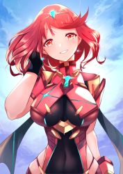 Rule 34 | 1girl, absurdres, black gloves, breasts, chest jewel, earrings, fingerless gloves, gloves, highres, jewelry, large breasts, pyra (xenoblade), red eyes, red hair, red legwear, red shorts, risumi (taka-fallcherryblossom), short hair, short shorts, shorts, swept bangs, tiara, xenoblade chronicles (series), xenoblade chronicles 2
