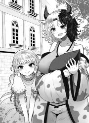 Rule 34 | 2girls, animal ears, animal print, arano oki, breasts, cleavage, commentary request, commission, cow ears, cow horns, cow print, ebisu eika, greyscale, haori, highres, horns, huge breasts, japanese clothes, long earlobes, looking at viewer, monochrome, multicolored hair, multiple girls, outdoors, short hair, short sleeves, smile, split-color hair, touhou, two-tone hair, ushizaki urumi