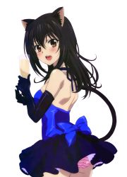 Rule 34 | 10s, 1girl, :d, animal ears, backless dress, backless outfit, black gloves, black hair, blue bow, blue dress, blush, bow, breasts, brown eyes, cat ears, cowboy shot, dress, elbow gloves, from behind, gloves, hair bow, highres, himeragi yukina, long hair, looking at viewer, looking back, medium breasts, open mouth, panties, pink panties, short dress, sideboob, sleeveless, sleeveless dress, smile, solo, standing, strike the blood, striped clothes, striped panties, transparent background, underwear
