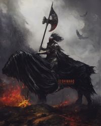 Rule 34 | bird, crow, death dealer (painting), elden ring, fine art parody, fire, from side, halberd, helmet, highres, holding, holding polearm, holding weapon, horse, horseback riding, looking at viewer, looking to the side, night&#039;s cavalry, parody, plume, polearm, red eyes, riding, shimhaq, smoke, weapon
