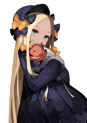 Rule 34 | 1girl, abigail williams (fate), alchemaniac, black dress, blonde hair, blue eyes, bow, dress, fate/grand order, fate (series), highres, holding, holding stuffed toy, key, orange bow, parted bangs, polka dot, polka dot bow, simple background, sleeves past wrists, solo, stuffed animal, stuffed toy, teddy bear, white background