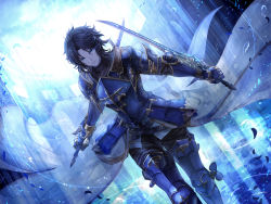 Rule 34 | 1boy, armor, armored boots, black hair, black pants, blue eyes, blue footwear, boots, breastplate, dual wielding, dutch angle, gauntlets, glowing, glowing eyes, granblue fantasy, hair between eyes, holding, holding sword, holding weapon, lancelot (granblue fantasy), long hair, looking at viewer, male focus, pants, parted lips, petals, shoulder armor, solo, pauldrons, sword, tenyo0819, thigh boots, thighhighs, transparent, weapon