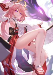 Rule 34 | 1girl, absurdres, animal ears, arm up, armpits, bare legs, bare shoulders, breasts, detached sleeves, earrings, fox ears, genshin impact, grin, hair ornament, highres, japanese clothes, jewelry, knee up, long hair, long sleeves, looking at viewer, medium breasts, miko, mirufuaa, obi, outstretched arm, pink hair, platform footwear, purple eyes, sandals, sash, sideboob, smile, solo, thighs, wide sleeves, yae miko, zouri