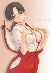 Rule 34 | 1girl, bow, braid, breasts, brown eyes, brown hair, cleavage, covered erect nipples, glasses, hakama, hakama skirt, hand on another&#039;s chest, hands on own chest, highres, hoshina tomoko, huge breasts, japanese clothes, long hair, miko, red hakama, skirt, solo, to heart, to heart (series), tsuina