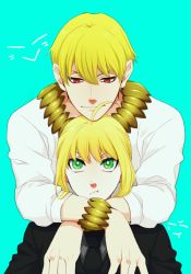 Rule 34 | 1boy, 1girl, artoria pendragon (all), artoria pendragon (fate), bad id, bad pixiv id, blonde hair, fate/zero, fate (series), formal, gilgamesh (fate), green eyes, jewelry, long hair, necklace, ni1ten xx00, official alternate costume, pant suit, pants, ponytail, red eyes, saber (fate), suit