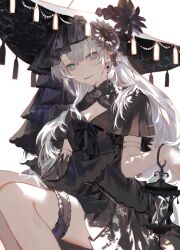 Rule 34 | 1girl, absurdres, aqua eyes, bare legs, black dress, black flower, black hat, breasts, cleavage cutout, closed mouth, clothing cutout, crescent, diamond (shape), dress, drop earrings, earrings, flower, hat, hat flower, highres, iwai ku tsuki, jewelry, lantern, long hair, looking at viewer, original, short sleeves, simple background, sitting, small breasts, smile, solo, tassel, thigh strap, white background, white hair