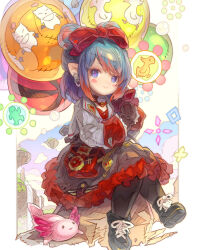 Rule 34 | 1girl, axolotl, balloon, black footwear, black gloves, black pantyhose, black skirt, blue eyes, blue hair, boots, bow, chocobo, closed mouth, commentary request, cross-laced footwear, final fantasy, final fantasy xiv, frilled skirt, frills, gloves, grey jacket, hair bow, haku (sabosoda), highres, jacket, lace-up boots, lalafell, long sleeves, moogle, multicolored hair, open clothes, open jacket, pantyhose, pointy ears, red bow, red hair, red shirt, sabotender, shirt, skirt, smile, solo, streaked hair