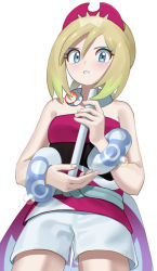 Rule 34 | 1girl, andoplus, blonde hair, blue eyes, blush, bracelet, collar, commentary request, creatures (company), eyelashes, flute, from below, game freak, hairband, highres, holding, holding instrument, instrument, irida (pokemon), jewelry, looking at viewer, looking down, medium hair, neck ring, nintendo, parted lips, pokemon, pokemon legends: arceus, purple hairband, purple shirt, sash, shirt, shorts, solo, strapless, strapless shirt, white shorts