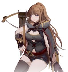 Rule 34 | 1girl, black thighhighs, blue eyes, bow (weapon), breasts, brown gloves, brown hair, cape, commentary, crossbow, english commentary, genshin impact, gloves, green cape, green shirt, green shorts, high ponytail, holding, holding crossbow, holding weapon, hood, hood down, hooded cape, jilliana (genshin impact), large breasts, long hair, looking at viewer, nevercrymoon, parted lips, plump, shirt, shorts, sidelocks, single thighhigh, sitting, sketch, smile, solo, thighhighs, weapon