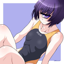 Rule 34 | 1girl, bare arms, border, breasts, closed mouth, collarbone, competition swimsuit, cyclops, kouda tomohiro, looking at viewer, manako, monster girl, monster musume no iru nichijou, one-eyed, one-piece swimsuit, purple eyes, purple hair, short hair, small breasts, smile, solo, swimsuit, white border