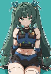 1girl absurdres aqua_background arm_strap black_choker black_gloves black_shorts choker crop_top fingerless_gloves gloves green_eyes green_hair hair_intakes highres loblob_art long_hair looking_at_viewer midriff navel pixel_art qingyi_(zenless_zone_zero) short_shorts shorts simple_background sitting sleeveless smile solo stomach thighs twintails very_long_hair zenless_zone_zero