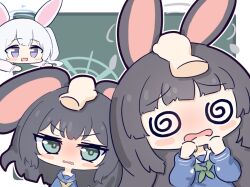 Rule 34 | 3girls, @ @, animal ears, aqua eyes, black hair, blue archive, blue shirt, chibi, commentary, disembodied hand, green neckerchief, grey halo, halo, hand on another&#039;s head, hands up, headpat, long hair, long sleeves, looking at viewer, miyako (blue archive), miyu (blue archive), multiple girls, neckerchief, no nose, open mouth, purple eyes, rabbit ears, raised eyebrows, sailor collar, saki (blue archive), shirt, side ponytail, umihio, upper body, white sailor collar
