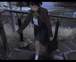 Rule 34 | 1girl, black jacket, black skirt, bow, bowtie, brown bag, brown footwear, foot out of frame, full body, hair ornament, highres, iwakura lain, jacket, loafers, long sleeves, looking down, mrt mr, muted color, photo background, school uniform, serial experiments lain, shirt, shoes, short hair, sidelocks, skirt, socks, solo, stairs, walking, white shirt, white socks, x hair ornament, yellow bow, yellow bowtie