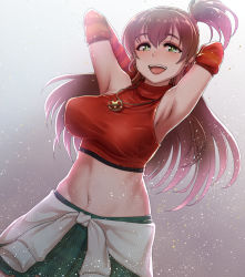 Rule 34 | 1girl, :d, arm warmers, armpits, arms behind back, arms up, backlighting, bare shoulders, breasts, bright pupils, brown hair, chiaki rakutarou, clothes around waist, cowboy shot, crop top, green eyes, green skirt, highres, idolmaster, idolmaster dearly stars, jacket, jacket around waist, jewelry, large breasts, light particles, long hair, looking at viewer, midriff, miniskirt, navel, necklace, one side up, open mouth, pleated skirt, red shirt, sakurai yumeko, shirt, skirt, sleeveless, sleeveless shirt, sleeveless turtleneck, smile, solo, standing, star (symbol), striped, taut clothes, taut shirt, turtleneck, white jacket