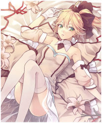 Rule 34 | 1girl, ahoge, artoria pendragon (fate), blonde hair, bow, detached sleeves, dress, fate/unlimited codes, fate (series), flower, gloves, green eyes, hair bow, lily (flower), ponytail, saber (fate), saber lily, satou iruno, solo, thighhighs