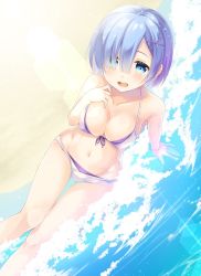 Rule 34 | 1girl, :d, arm support, arm up, bare shoulders, beach, bikini, blue eyes, blue hair, breasts, cleavage, collarbone, covered erect nipples, hair ornament, hair over one eye, hand on own chest, highres, in water, large breasts, looking at viewer, narumi yuu (bunbukudou), navel, open mouth, re:zero kara hajimeru isekai seikatsu, rem (re:zero), sand, short hair, sitting, smile, solo, stomach, swimsuit, thigh gap, water, wet, white bikini, x hair ornament