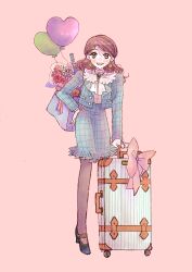 Rule 34 | 1girl, absurdres, artist name, ascot, bag, balloon, black footwear, blazer, blouse, blue jacket, blue skirt, brooch, brown eyes, brown hair, brown pantyhose, english text, flower, full body, hair ornament, hairclip, hand on own hip, heart balloon, high-waist skirt, high heels, highres, holding, holding suitcase, jacket, jewelry, lapels, leaning forward, light blush, long hair, long sleeves, looking at viewer, notched lapels, open mouth, original, pantyhose, paper bag, pink background, pink ribbon, red flower, red rose, ribbon, rolling suitcase, rose, shirt, simple background, skirt, smile, solo, standing, suitcase, twitter username, urayaka, white ascot, white flower, white shirt