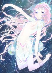 Rule 34 | 1girl, arm up, blue eyes, dress, floating, glowing, hat, highres, jellyfish, long hair, looking at viewer, mikurou (nayuta), original, outstretched arm, pink hair, solo, underwater