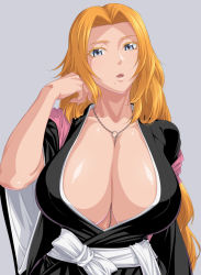 Rule 34 | 1girl, belt, between breasts, bleach, blonde hair, blue eyes, breasts, center opening, chain, chain between breasts, chain necklace, cleavage, female focus, hanging breasts, huge breasts, japanese clothes, jewelry, kimono, large breasts, long hair, looking at viewer, matsumoto rangiku, mole, mole under mouth, necklace, neckwear between breasts, no bra, obi, open mouth, ozucat, robe, sash, scarf, shiny skin, solo, upper body, wavy hair, wide sleeves