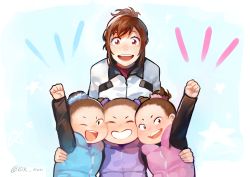 Rule 34 | 10s, 4girls, :d, ;d, brown eyes, brown hair, clenched hand, hair bun, hair ornament, hair scrunchie, highres, idk-kun, jacket, mother and daughter, multiple girls, nishigoori axel, nishigoori loop, nishigoori lutz, nishigoori yuuko, one eye closed, open mouth, ponytail, scrunchie, single hair bun, smile, star (symbol), track jacket, twintails, twitter username, yuri!!! on ice