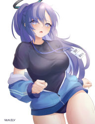 Rule 34 | 1girl, absurdres, black shirt, blue archive, blue buruma, blue eyes, blue hair, blue jacket, blush, breasts, buruma, gym uniform, halo, highres, id card, jacket, lanyard, large breasts, looking at viewer, off shoulder, open mouth, partially unzipped, ponytail, shirt, short sleeves, solo, star sticker, sticker on face, sweat, thighs, track jacket, van.elv, white background, yuuka (blue archive), yuuka (track) (blue archive)