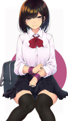 Rule 34 | 1girl, bag, black hair, black thighhighs, bow, bowtie, breasts, cuffs, handcuffs, highres, jewelry, looking at viewer, original, pleated skirt, ring, school bag, school uniform, short hair, shunga (shun608), sitting, skirt, smile, solo, thighhighs, yellow eyes