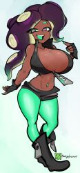 1girl asymmetrical_hair bare_shoulders black_gloves blue_background boots breasts cleavage curvy dark-skinned_female dark_skin eyes_visible_through_hair fang female_focus fingerless_gloves full_body gloves gradient_hair green_eyes green_hair green_pantyhose highres joeydrawss large_breasts marina_(splatoon) midriff mole mole_under_mouth multicolored_hair narrow_waist navel navel_piercing nintendo octoling open_mouth pantyhose piercing purple_hair shorts simple_background solo splatoon_(series) splatoon_2 standing teeth tentacle_hair thick_eyebrows thick_thighs thighs tongue upper_teeth_only vest