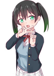 Rule 34 | 1girl, black hair, black jacket, blue vest, blush, breasts, collared shirt, commentary request, gradient hair, green eyes, green hair, highres, jacket, lamchan, long sleeves, looking at viewer, love live!, love live! nijigasaki high school idol club, medium breasts, multicolored hair, neck ribbon, nijigasaki school uniform, open clothes, open jacket, open mouth, plaid, plaid skirt, red ribbon, ribbon, school uniform, shirt, skirt, solo, standing, takasaki yu, twintails, upper body, v, vest, white background, white shirt, white skirt, winter uniform