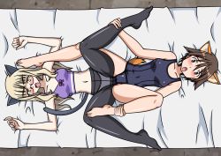 Rule 34 | 2girls, absurdres, animal ears, bed, benji 29, black legwear, blonde hair, blue one-piece swimsuit, blush, bra, breasts, brown eyes, brown hair, cameltoe, cat ears, cat tail, clothed sex, glasses, highres, long hair, lying, miyafuji yoshika, multiple girls, navel, on back, on bed, one-piece swimsuit, panties, panties under pantyhose, pantyhose, perrine h. clostermann, purple bra, sex, short hair, small breasts, strike witches, swimsuit, tail, tanuki ears, tanuki tail, tribadism, underwear, white panties, wife and wife, world witches series, yellow eyes, yuri